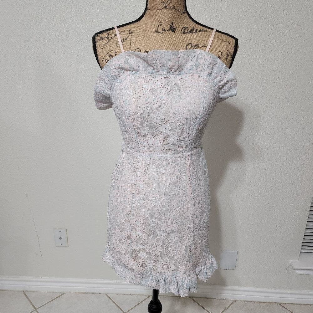 BCBGeneration Light Blue Pink Floral Lace Ruffle Mini Dress Size 0 Sleeveless